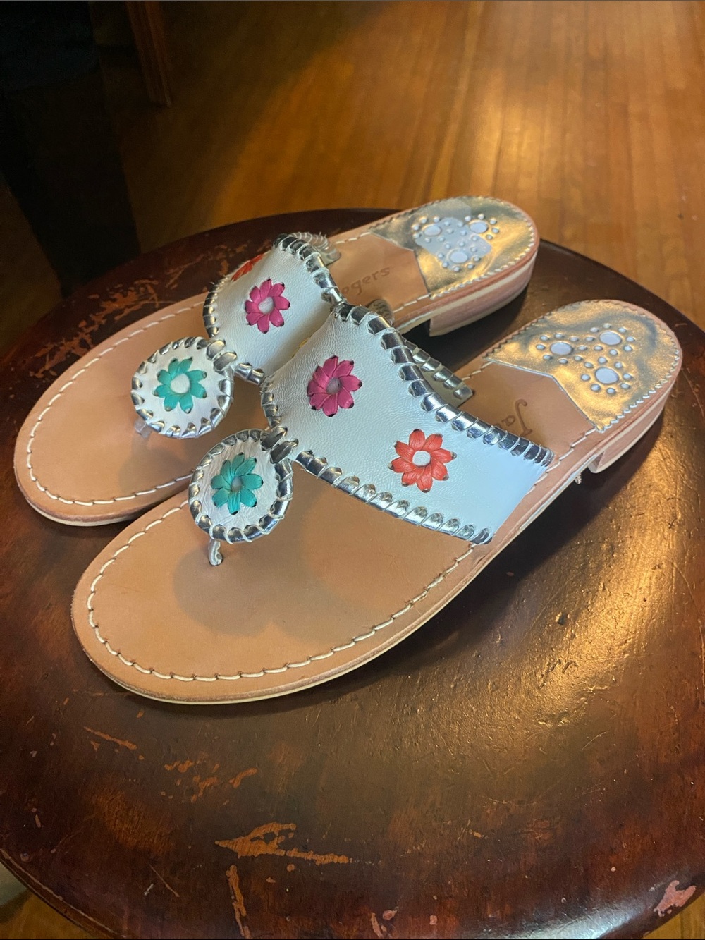 Jack Rogers White Leather Floral Appliqué Slide Sandals with Multicolor Flowers
